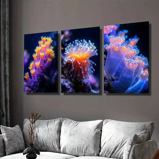 3pcs Luminous Underwater Coral and Marine Life Wall Art Set Canvas Framed 40x60cm - High Quality Print 100% Australian Made Wall Canvas Ready to Hang