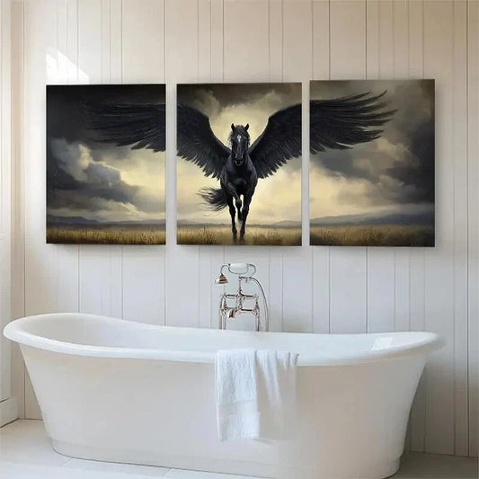 3pcs Majestic Black Pegasus in Flight Perfect Wall Art Set Canvas Framed 40x60cm - High Quality Print 100% Australian Made Wall Canvas Ready to Hang