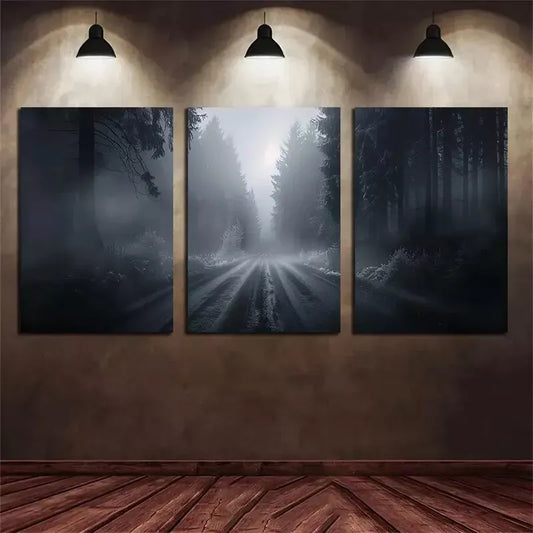 3pcs Photo of A Foggy Road in The Forest Canvas Framed 40x60cm - High Quality Print 100% Australian Made Wall Canvas Ready to Hang