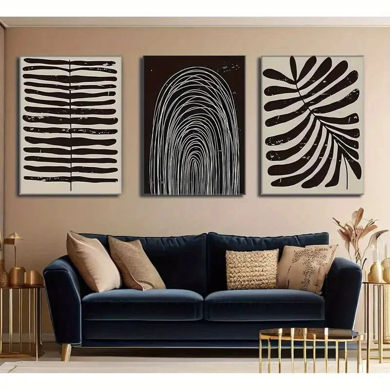 3pcs Mid-Century Modern Neutral Black White Beige Metal Print Ready to Hang Art