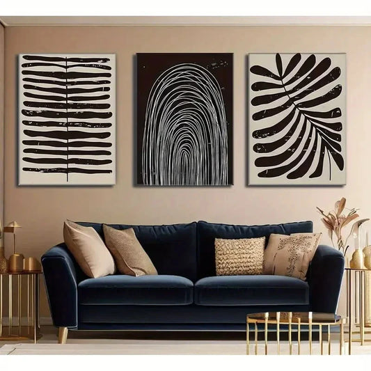 3pcs Mid-Century Modern Neutral Black White Beige Metal Print Ready to Hang Art
