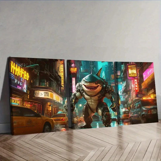 3pcs Shark Warrior  Wall Art Set Canvas Framed 40x60cm - High Quality Print 100% Australian Made Wall Canvas Ready to Hang