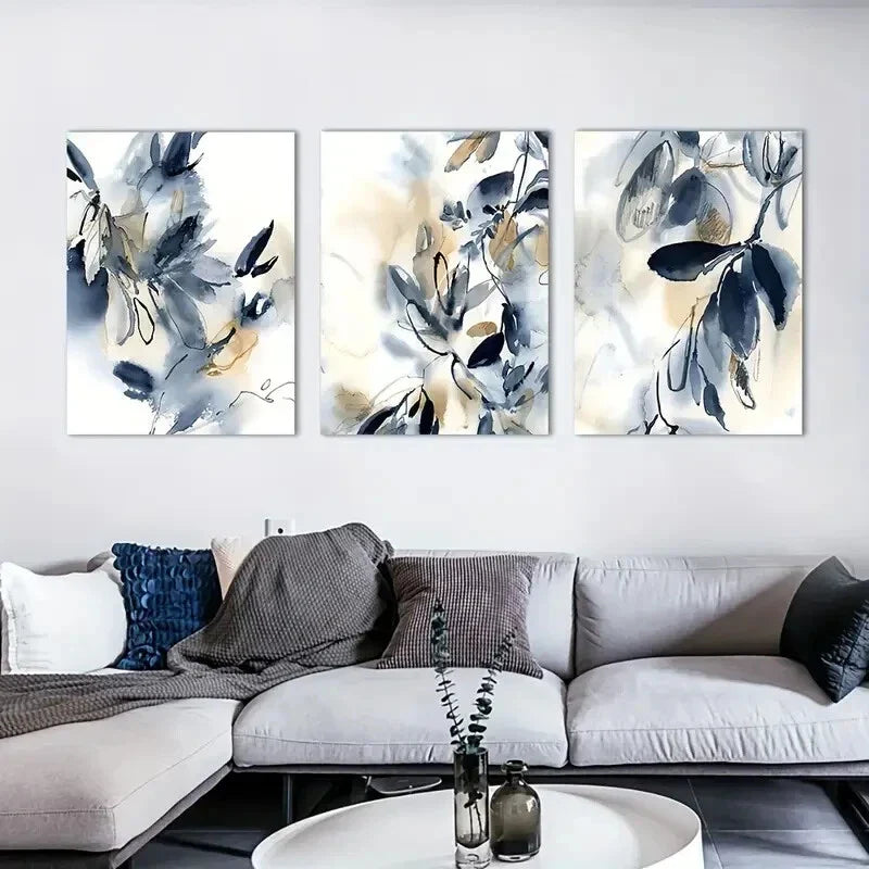 3pcs  Floral Abstract Ink Painting Metal Print Ready to Hang Art