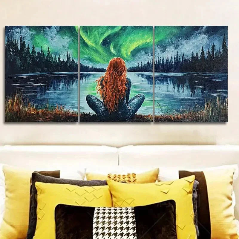3pcs Northern Lights & Silhouette, Aurora Art  Metal Print Ready to Hang Art