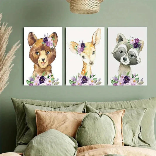 3pcs Purple Lavender Floral Woodland Animal Metal Print Ready to Hang Art