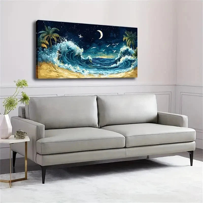 Starry Night Sky & Ocean Waves Wall Art Canvas Office Home Room Framed 120x60cm