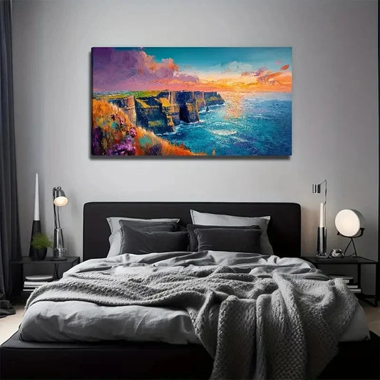 Vibrant Cliffs By The Sea Lands Wall Art Canvas Office Home Room Framed 120x60cm