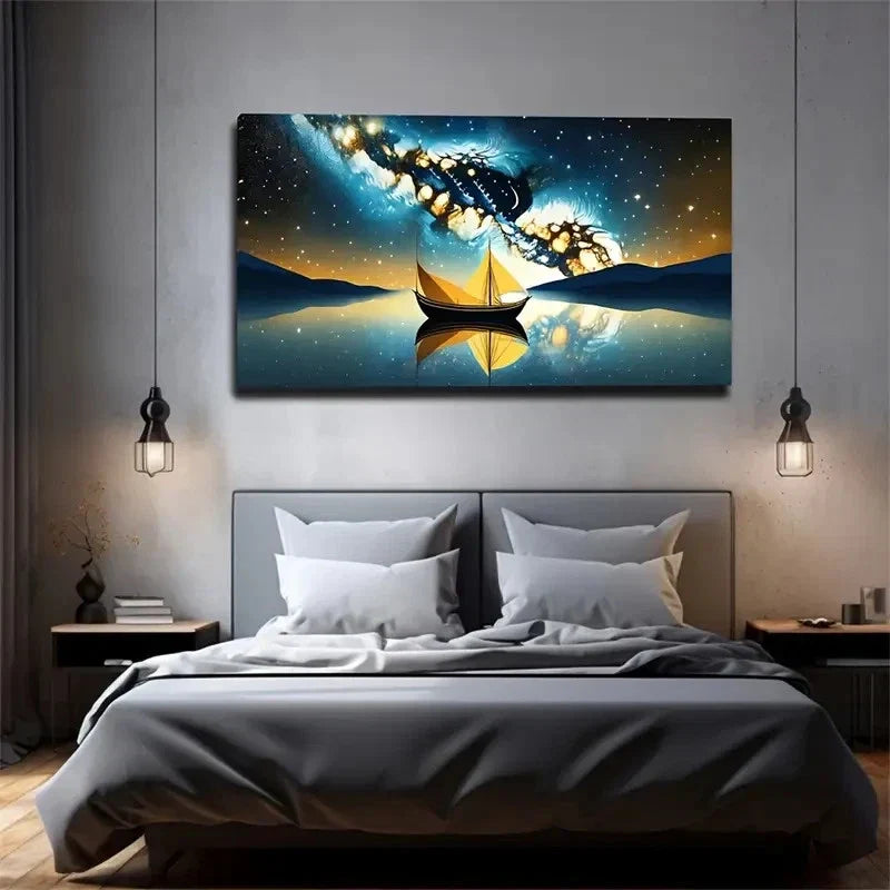 Magic Sky A Small Boat Wall Art Canvas Office Home Room Framed 80x45cm