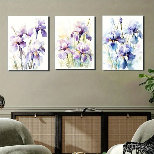 3pcs Three Purple Iris Flowers in The Style Metal Print Ready to Hang Art