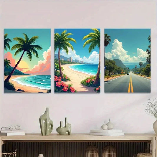 3pcs Tropical Beach Sunset Vibrant Coastal Metal Print Ready to Hang Art