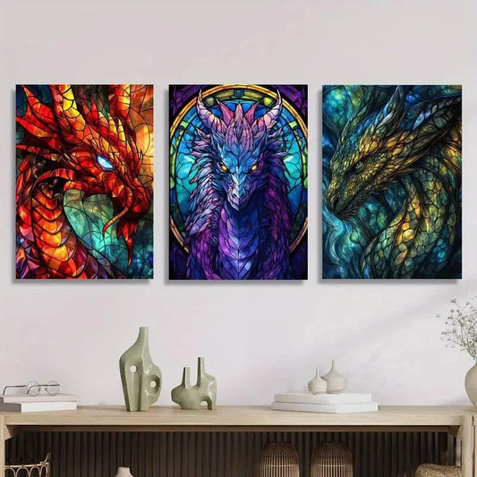 3pcs Stained Glass Dragon Design, Fantasy Metal Print Ready to Hang Art