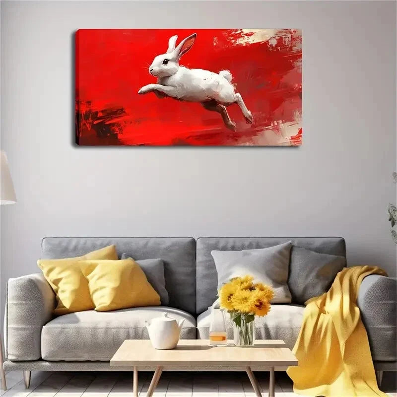 White Rabbit Dynamic Jump Red Wall Art Canvas Office Home Room Framed 120x60cm