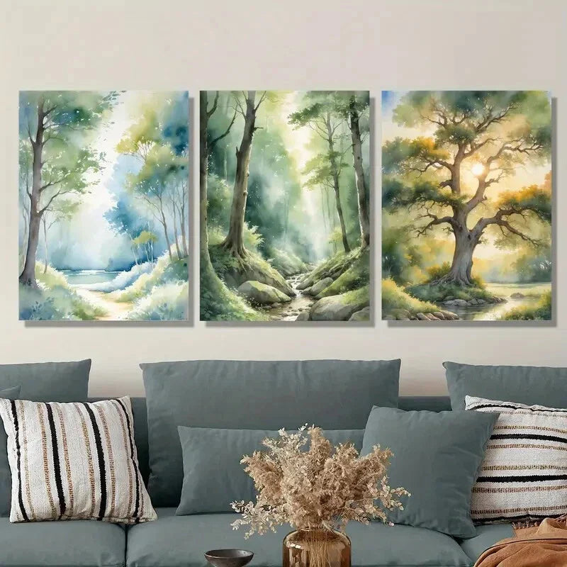 3pcs Featuring a Serene Forest Path And River Metal Print Ready to Hang Art