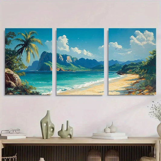 3pcs Vibrant Tropical Beach Mountains Ocean Waves Metal Print Ready to Hang Art