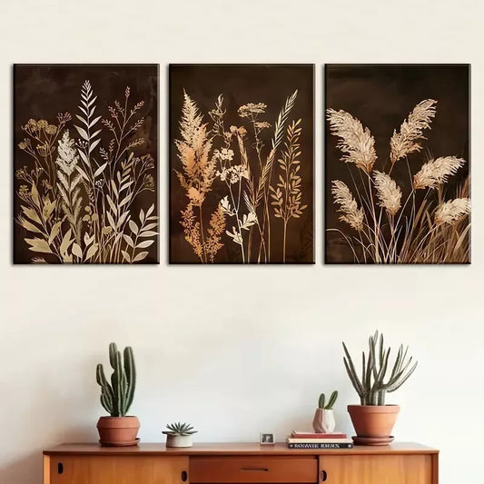 3pcs Retro style grass dry flowers Brownish  Wall Art Set Canvas Framed 40x60cm - High Quality Print 100% Australian Made Wall Canvas Ready to Hang