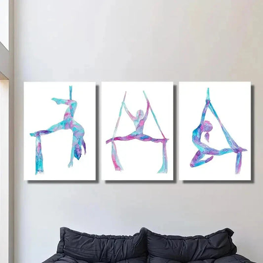 3pcs  Aerial lady silk art silk yoga silhouette  Metal Print Ready to Hang Art