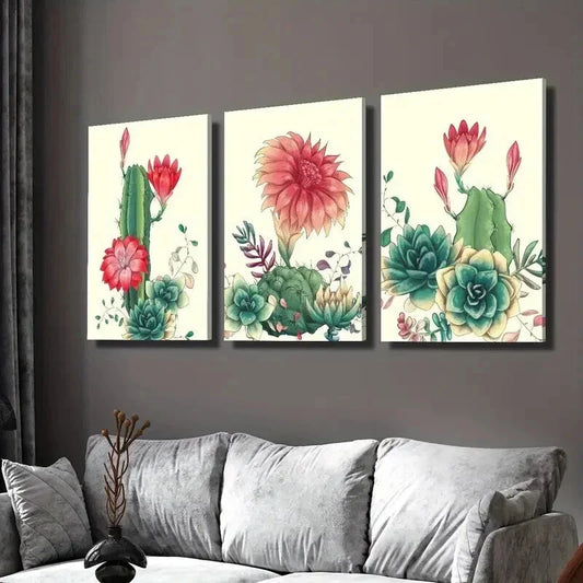 3pcs Cactus with Red Flowers Painting Wall Art Set Canvas Framed 40x60cm - High Quality Print 100% Australian Made Wall Canvas Ready to Hang
