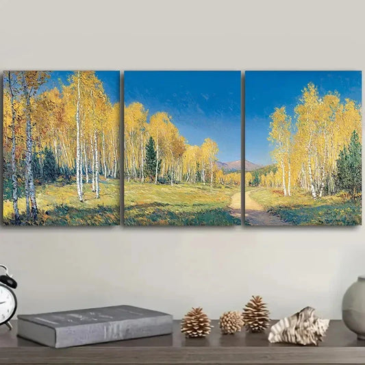 3pcs Autumn Birch Forest Scene Metal Print Ready to Hang Art