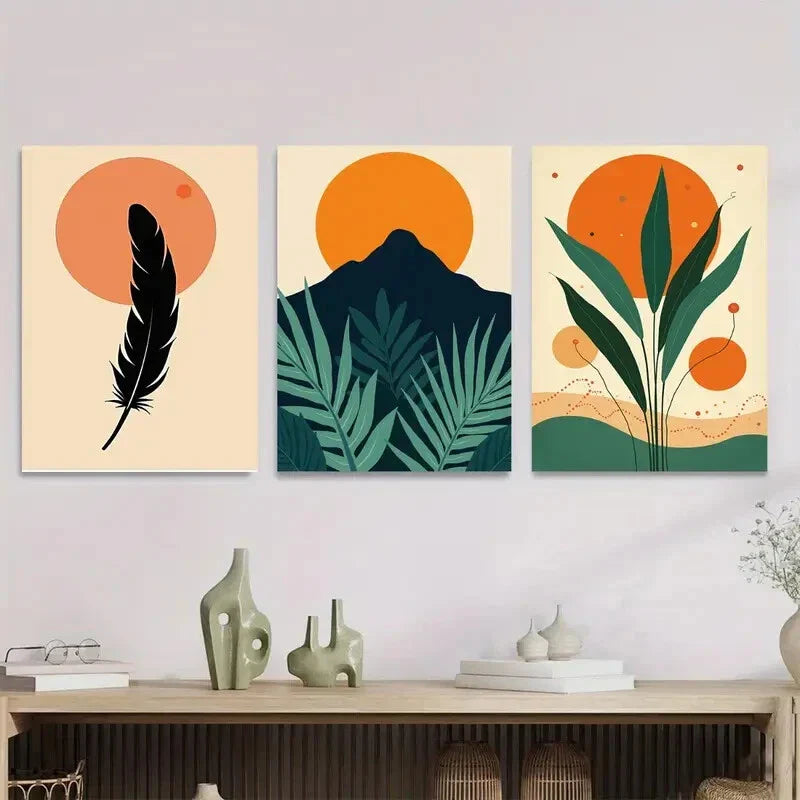 3pcs Modern Abstract Feather, Mountain Metal Print Ready to Hang Art