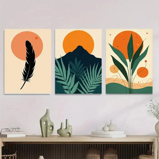 3pcs Modern Abstract Feather, Mountain Metal Print Ready to Hang Art