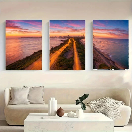 3pcs A Scenic Sunset Over The Ocean Metal Print Ready to Hang Art