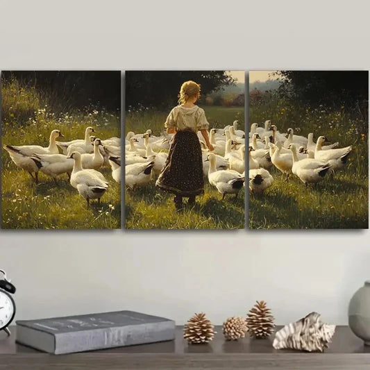 3pcs The girl feeds the animals on the farm Metal Print Ready to Hang Art