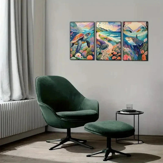 3pcs Turtle Shark Floral Art Print Watercolor Metal Print Ready to Hang Art