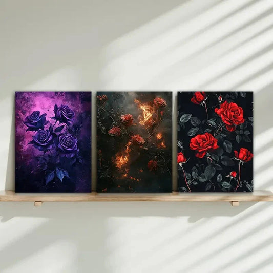 3pcs Elegance And Sophistication Red Purple Metal Print Ready to Hang Art