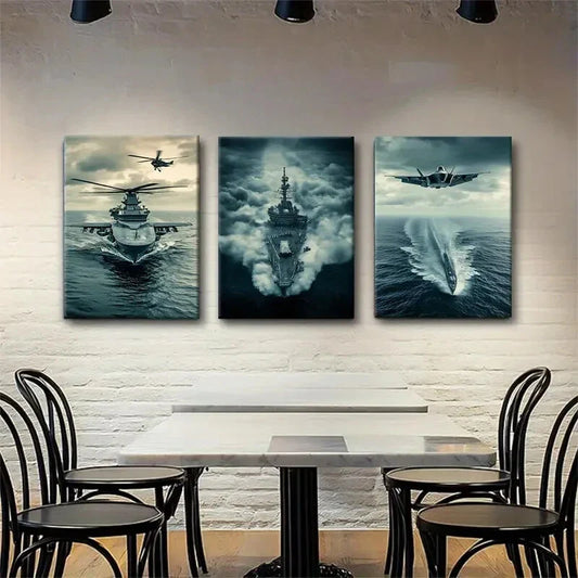 3pcs Aircraft Carrier Battleship & Fighter Jet Wall Art Set Canvas Framed 40x60cm - High Quality Print 100% Australian Made Wall Canvas Ready to Hang