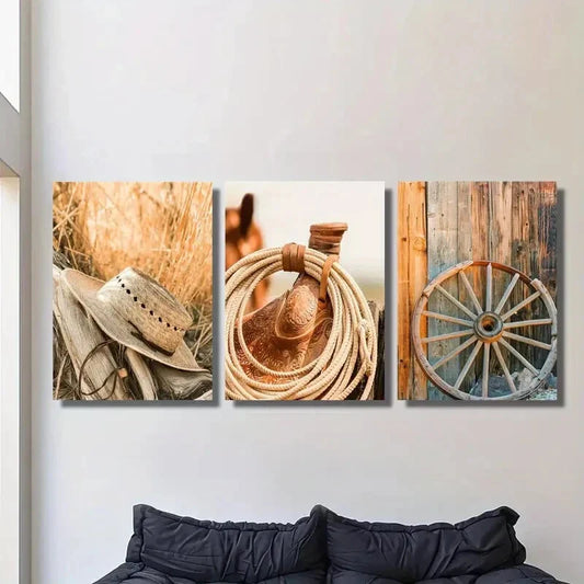 3pcs cowboy hats and horse ropes, Metal Print Ready to Hang Art