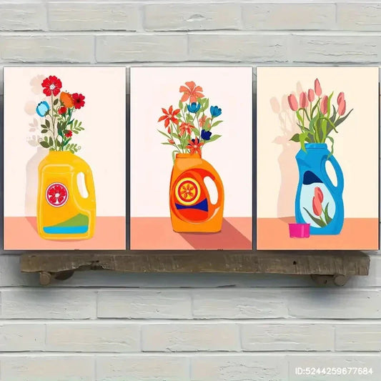 3pcs Abstract Flowers in Vase Decorative Metal Print Ready to Hang Art
