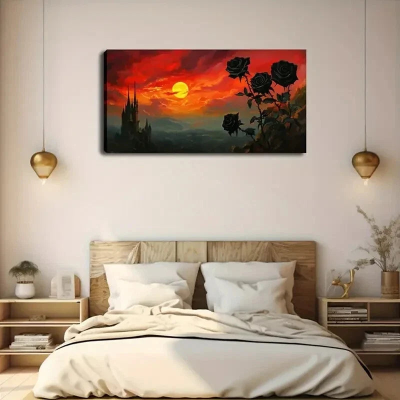 Rosebush Sunset Scene Romantic Wall Art Canvas Office Home Room Framed 120x60cm