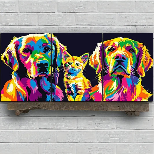 3pcs Colorful Cat and Labrador Retriever Metal Print Ready to Hang Art