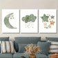 3pcs light green illustration stars and moon, Metal Print Ready to Hang Art