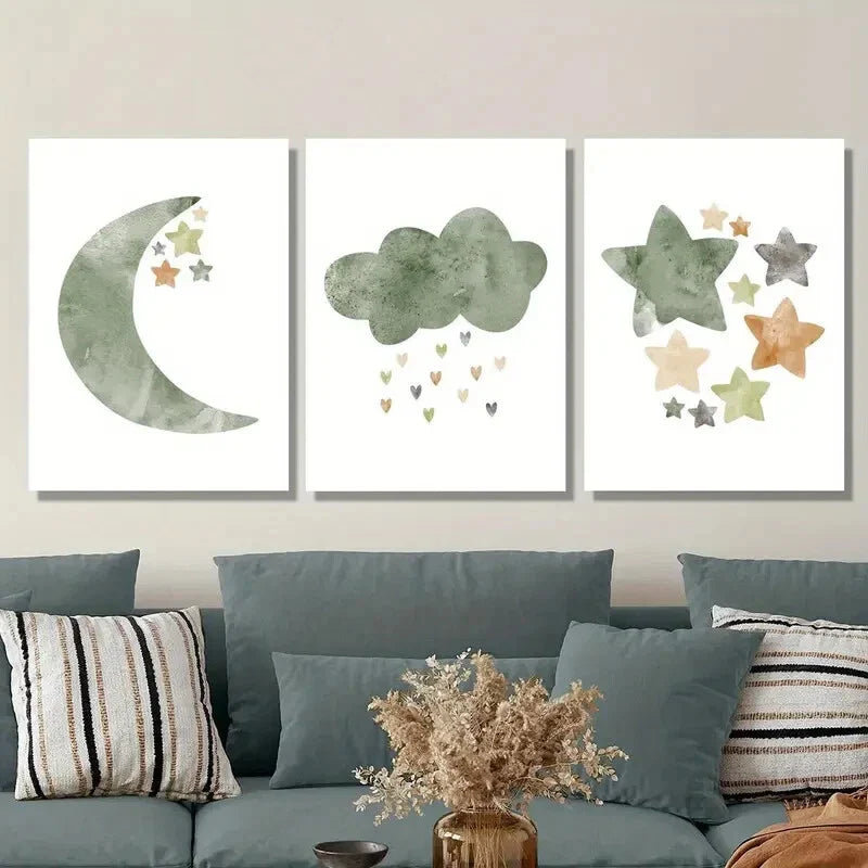 3pcs light green illustration stars and moon, Metal Print Ready to Hang Art