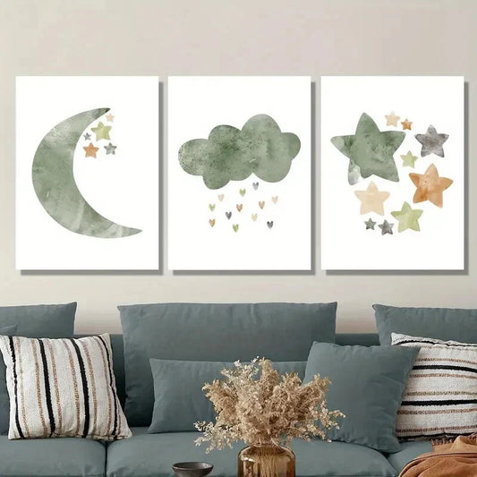 3pcs light green illustration stars and moon, Metal Print Ready to Hang Art