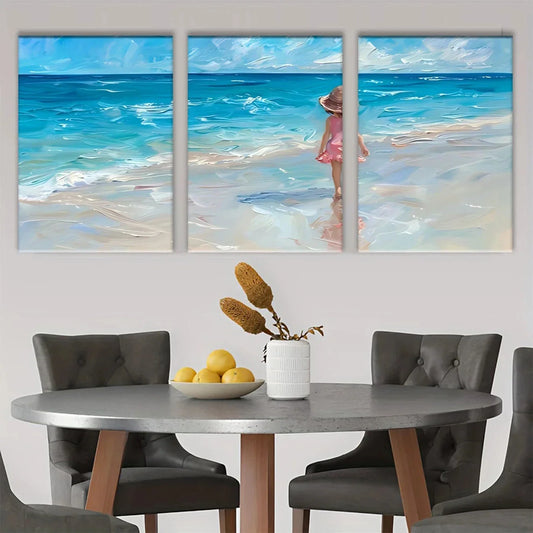 3pcs Beach Scene with Little Girl in Pink Metal Print Ready to Hang Art