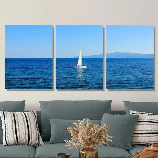 3pcs Sailing boat in the blue sea, Metal Print Ready to Hang Art