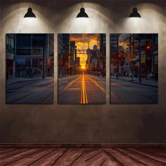 3pcs Symmetrical City Streets with Train Tracks Metal Print Ready to Hang Art
