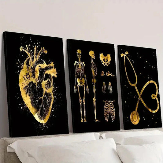 3pcs Golden Decorative Paintings with Stethoscope Wall Art Set Canvas Framed 40x60cm - High Quality Print 100% Australian Made Wall Canvas Ready to Hang