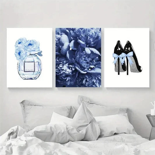 3pcs Blue Peonies, Paris Perfume Art & Light Blue Metal Print Ready to Hang Art