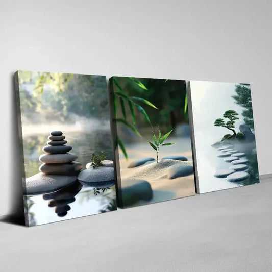 3pcs Modern Zen Style with Stones & Greenery Wall Art Set Canvas Framed 40x60cm - High Quality Print 100% Australian Made Wall Canvas Ready to Hang