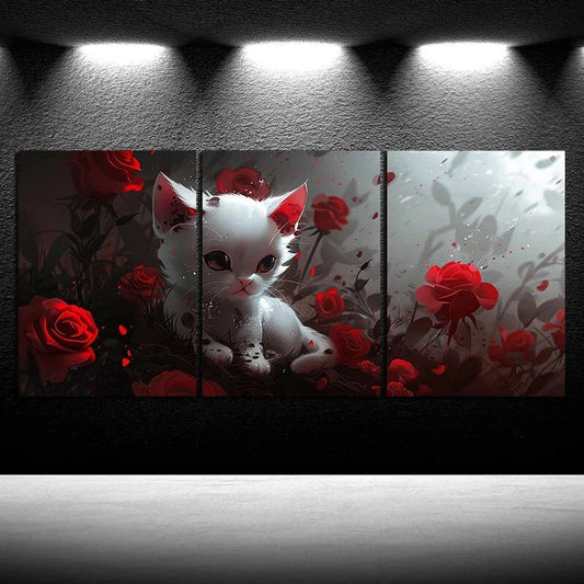 3pcs Cute Cats Red Roses Leaves Metal Print Ready to Hang Art