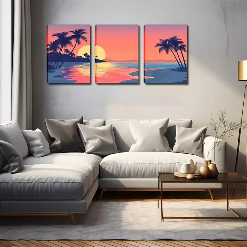 3pcs Romantic Palm Trees & Ocean View  Wall Art Set Canvas Framed 40x60cm - High Quality Print 100% Australian Made Wall Canvas Ready to Hang