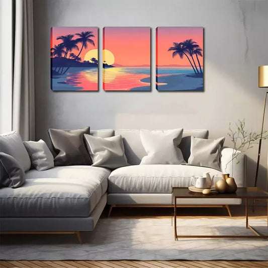 3pcs Romantic Palm Trees & Ocean View  Wall Art Set Canvas Framed 40x60cm - High Quality Print 100% Australian Made Wall Canvas Ready to Hang