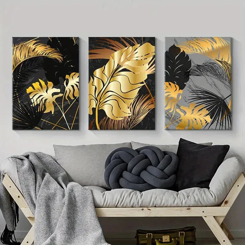 3pcs Golden Leaf Plants Black Metal Print Ready to Hang Art