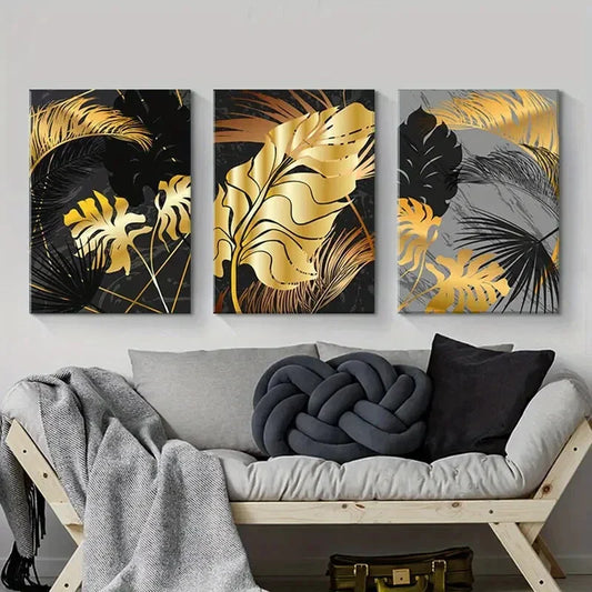 3pcs Golden Leaf Plants Black Metal Print Ready to Hang Art