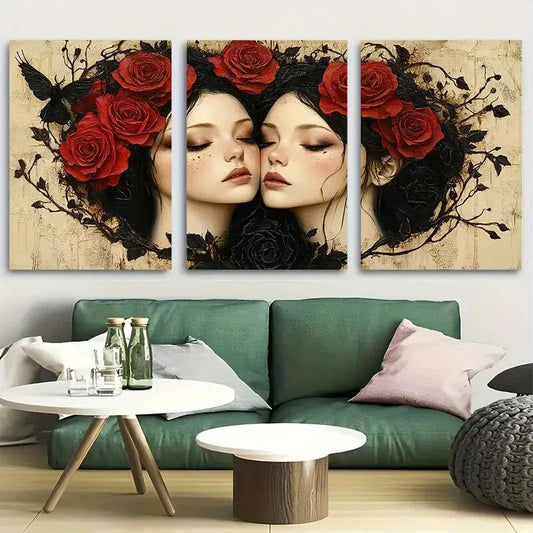 3pcs Gothic Twin Girls with Roses Metal Print Ready to Hang Art