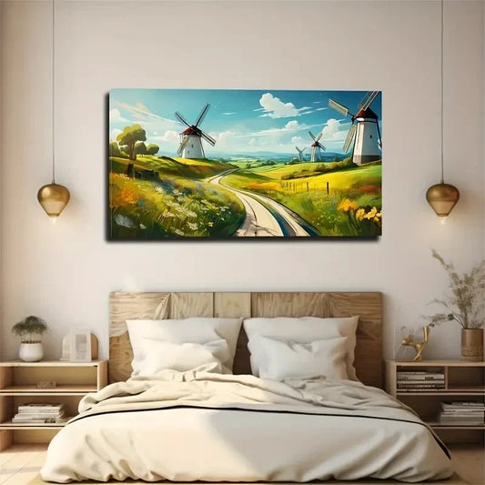 Leisurely Sky Windmills Road Wall Art Ccanvas Office Home Room Framed 80x45cm