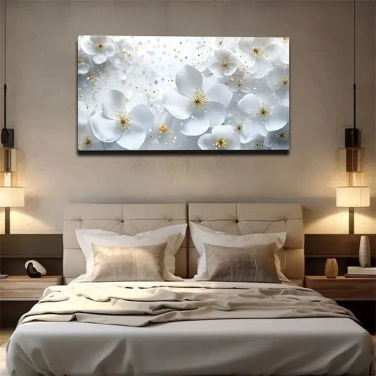 Stunning White Floral Wall Art Canvas Office Home Room Framed 80x45cm